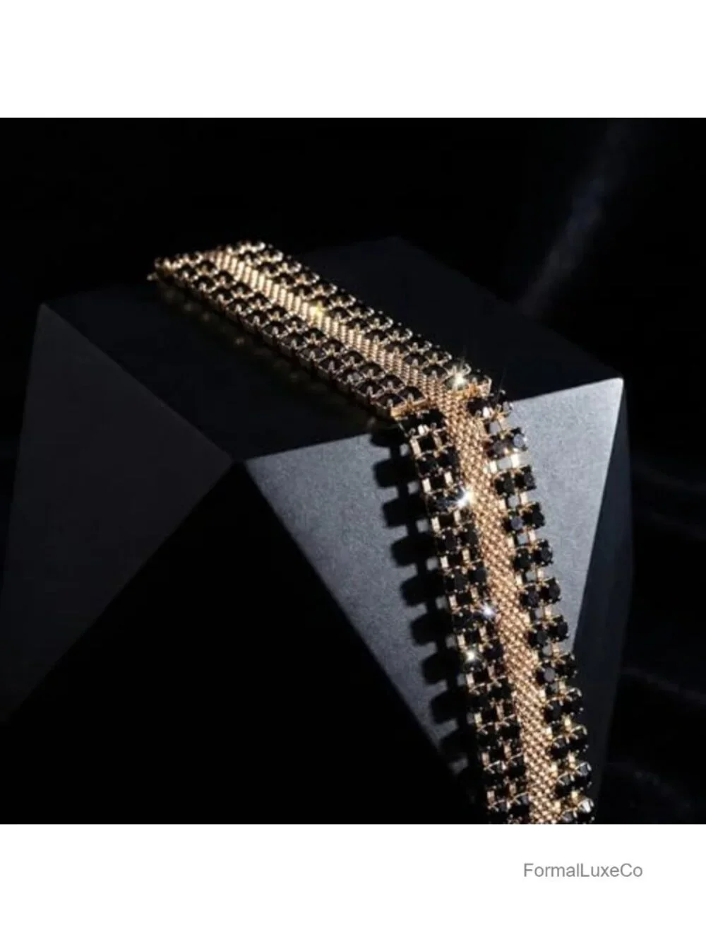 Black & Gold Rhinestone Choker Necklace with Adjustable Chain